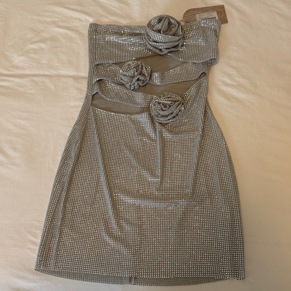 Meshki Strapless Silver Dress with Floral Accents